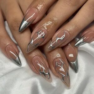 Women’s Almond Shape Nude With Silver Accent Swirl Press On Nails